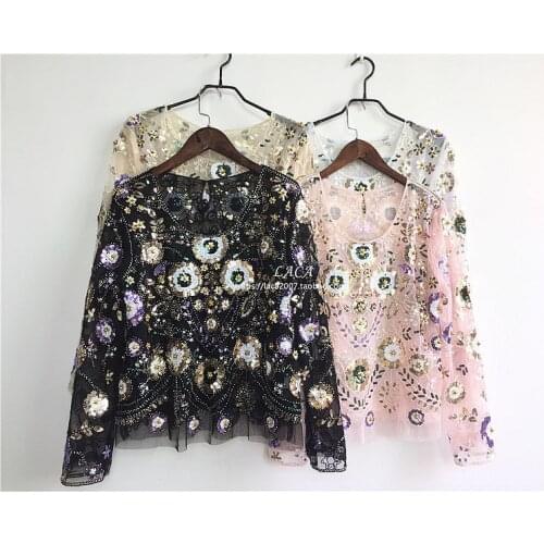New embroidery flower sweet long sleeve nail bead party dress lace sequins render unlined upper garment unlined upper garment