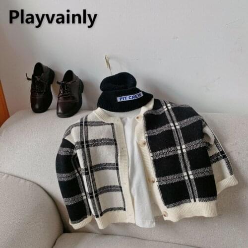 2021 New Autumn Kids Boys Girls Sweater Coat Patchwork Plaid Long Sleeves Knitting Open Stitch Children Casual Clothes E7286