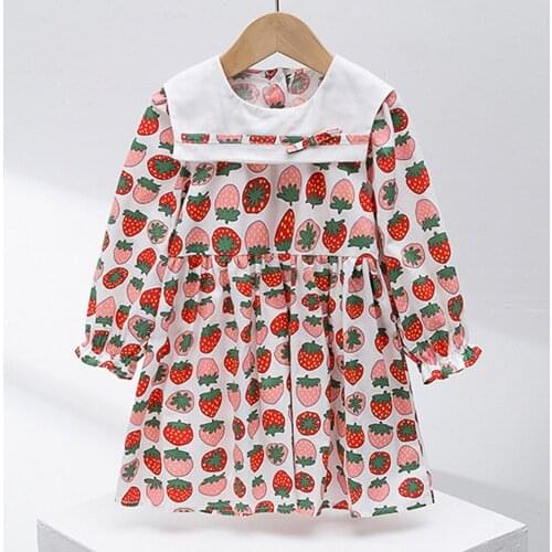 Long Sleeve Princess Dress For Girls Cotton Strawberry Print Sailor Collar Spring Autumn Toddler Clothes Factory Price