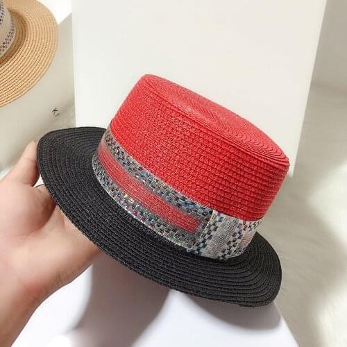 New Summer Panama Straw Hat Female Korean Short Brim Simple Sun Protection Bucket Cape Cap Red Black Stitching Sun Hat Fashion