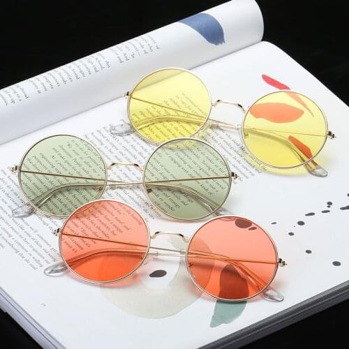 Classic Acrylic Lens Retro Round Metal Sunglasses, Ocean Style Unisex Vintage Round Mirror Lens Sunglasses