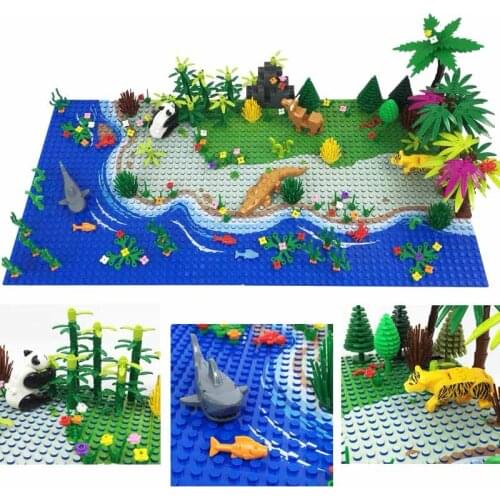 MOC Parts Building Blocks Rainforest Jurassic Dinosaurs Park Animal Green Grass Jungle Bush Flower Tree Plants Brick Toys Gift