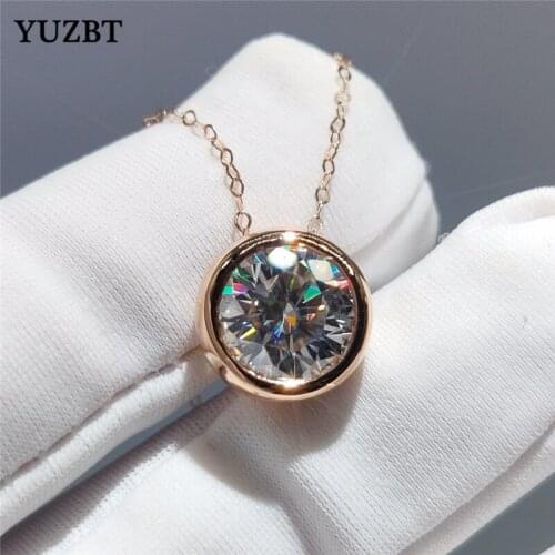 YUZBT 18K Rose Gold Plated 2 ct Round Brilliant Cut Gemstone Chain Diamond Test Past D Color Moissanite Wedding Pendant Necklace