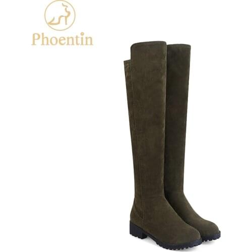 Phoentin knee boots zip closure knee-high womens winter boots army green black color mid high heel platform womens shoes FT174