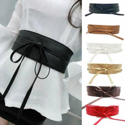 Women Ladies Stretch Waist Belt Stretch Buckle Bow Wide PU Leather Elastic Slimming Lace Up Waistband Corset Tie Belt