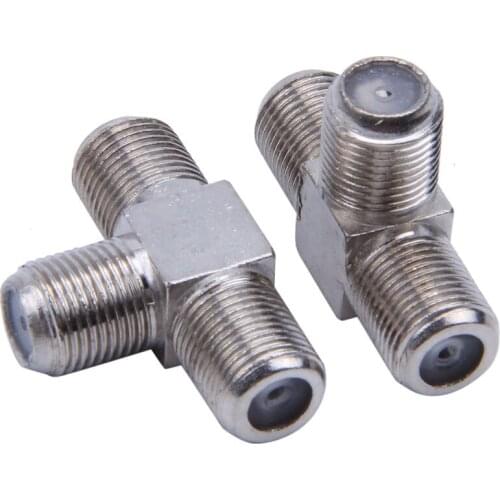 2 Pcs F Type Female to Female Jack 3-Way RF Plug Adapter Connector Silver Tone