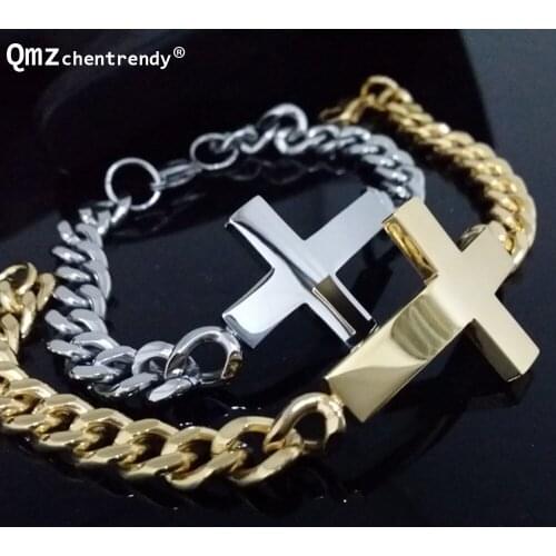 Stainless Steel Gold Silver Plated Curb Cuban Chain Link Cross Bracelets Trendsetter Jewelry Rapper Men Women Cross Bracelets