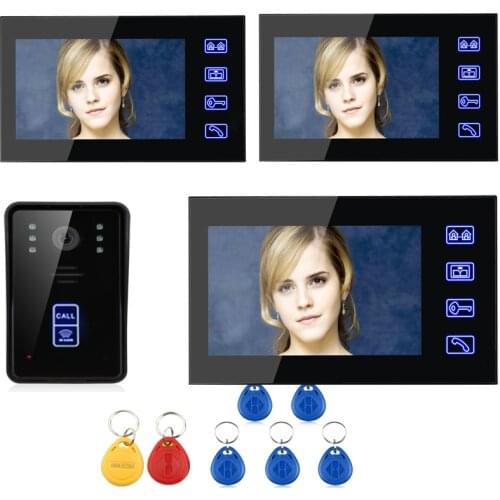 Free Shipping!ENNIO 7" RFID Video Door Phone Intercom Doorbell Touch Button Remote Unlock Night Vision 1 Camera + 3 Monitor