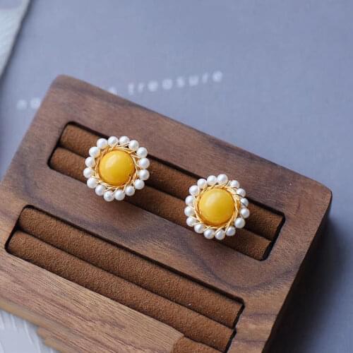 Natural Hetian Jade Yellow Chicken Grease Beeswax Stud Earrings Pearl Stud Earrings Sunflower Modeling Fashion Earrings Jewelry