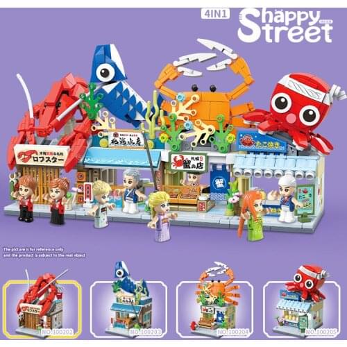 Japan City street view building block Seafood Takoyaki Octopus Crab Lobster Restaurant bricks figures toys for kids gifts