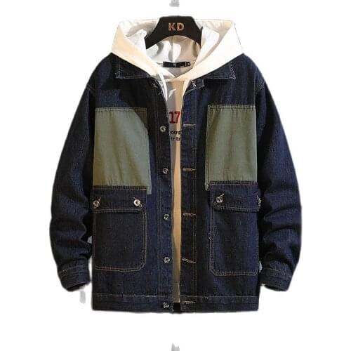 Spring autumn New mens denim jacket Splicing contrast jacket fashion loose big pocket lapel Cargo Student Denim jacket