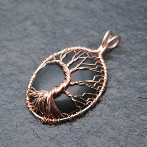 Retro Metal Copper Color Winding Wire Life Tree Guard Natural Gemstone Oval Pendant Fit Necklace Fine Jewelry DIY Supplies