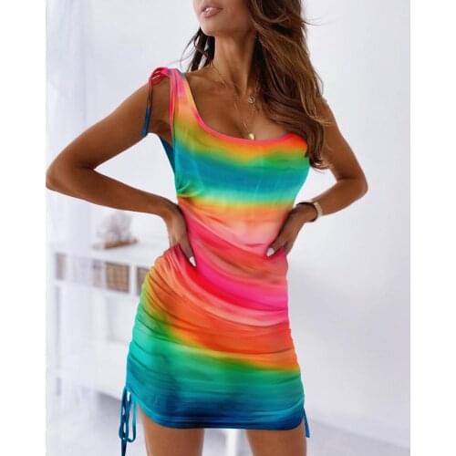 Tie Dye Fashion Women Summer Mini Dress Shrinkage Drawstring Design Round Neck Sleeveless High Waist Slim Dress for Streetwear