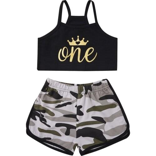 Fashion Baby Girls Summer Sport Suits Casual Clothing Home Wear Crown and Letters Print Cropped Top Camouflage Print Shorts Set