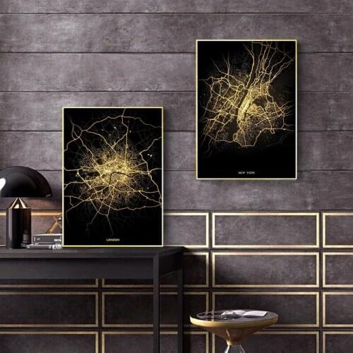 New York London Amsterdam City Light Black Gold Map Golden Glow Print Art Poster Canvas Painting Home Wall Decoration Picture