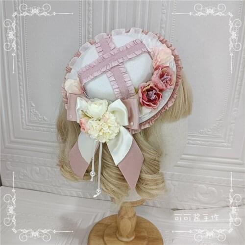 Rose Gadget Original Handmade Lolita Gray-Pink Hair Accessories Top Hat Gloves Headband KC Elegant Flower Wedding Style