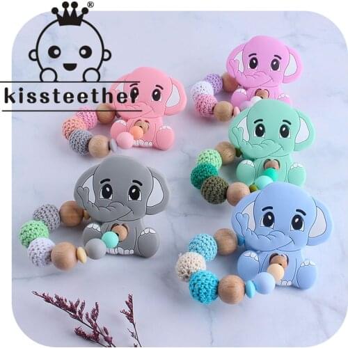 Kissteether Food Grade Silicone Big Pendant Beech Wooden Elephant Baby Teething Bracelet Wooden Toys 5Colors Baby Gift