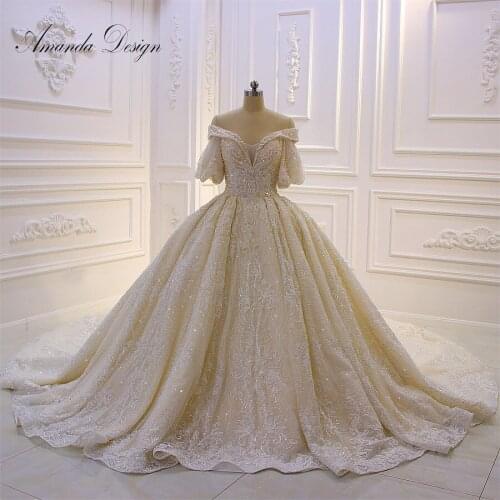 Amanda Design gelinlik 2019 Off Shoulder Luxury Crystal Champagne Puff Sleeve Wedding Dress