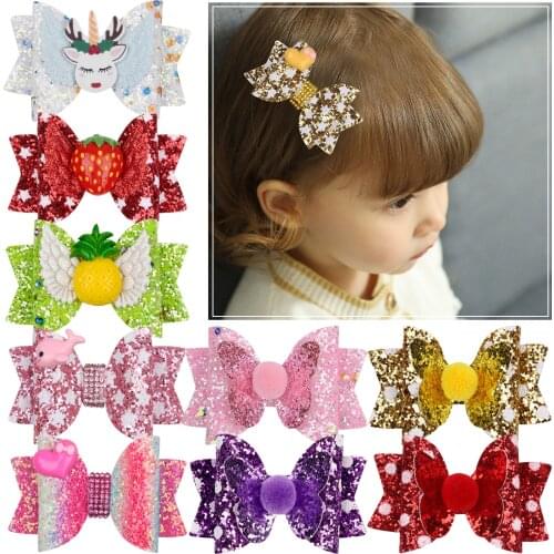 1 PC Girls Glitter Hair Bows Princess Hairpins Wing Hair Clips Unicorn Hairclips Rainbow Sequin 3 Inch Bow Kid Sweet Head Wear