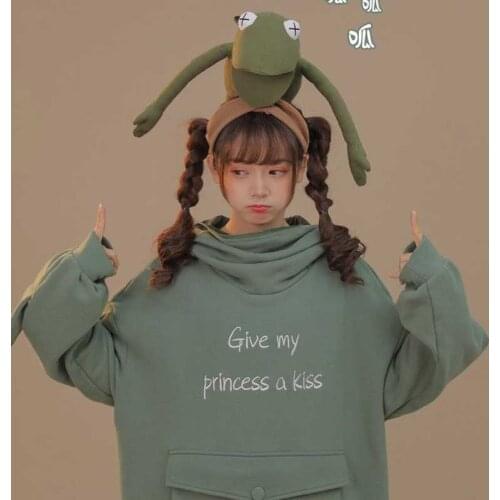 Women Autumn Thick Loose Sweatshirt Harajuku Letters Printed Lovely Frog Casual Hooded Hoodies Pullover Female Thicken Coat New