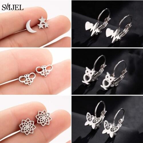 SMJEL Vintage Geometric Stud Earrings Set For Women Girls 2019 Fashion Bee Owl Flower Small Earrings Boucle d'oreille Femme Gift