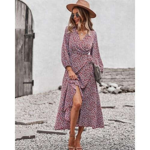 Woman Robe Femme Print Dresses Irregular Ruffles Bandage V-Neck Long Sleeve Long Dress For Women Clothing 2021 Causual Vestido