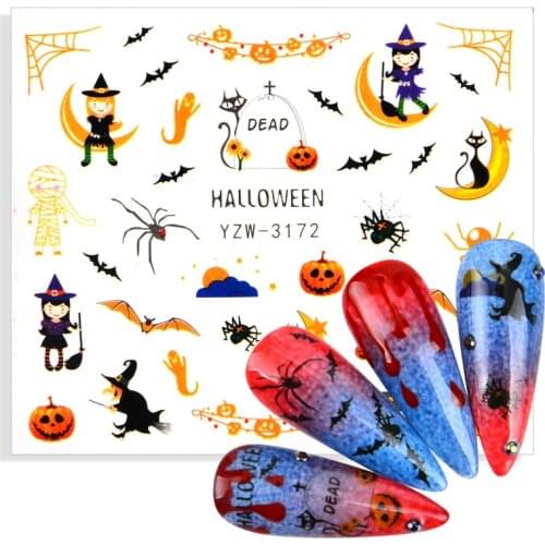 1pcs Watermark Nail Art Sticker Halloween Pumpkin Witch Ghost Spider Black Bat Cat Adhesive Stickers On Nails Decor Decal
