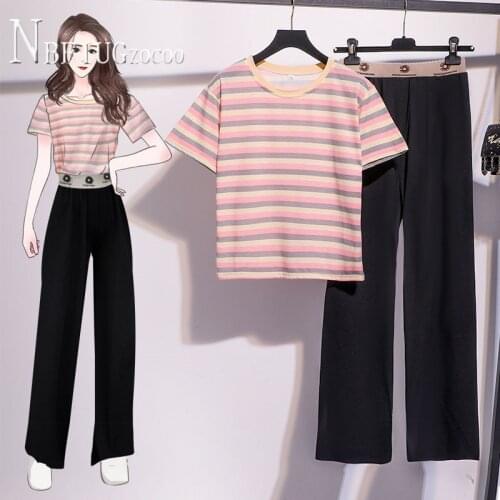 2020 Summer Stripe T Shirt And Elastic Waist Pants Women Sets Casual Female Sets
