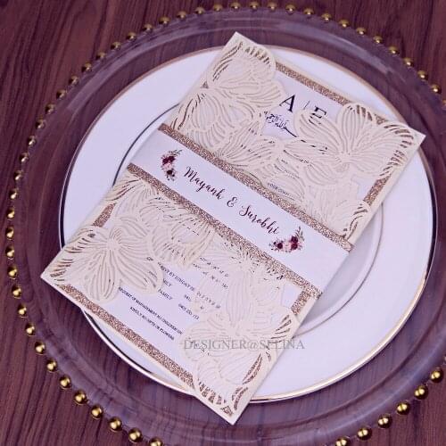 50PC Beige Petal Floral Printing Rose Gold Glitter Bottom Laser Cut Wedding Invitations with Glittery Belly Belt Anniversary Inv