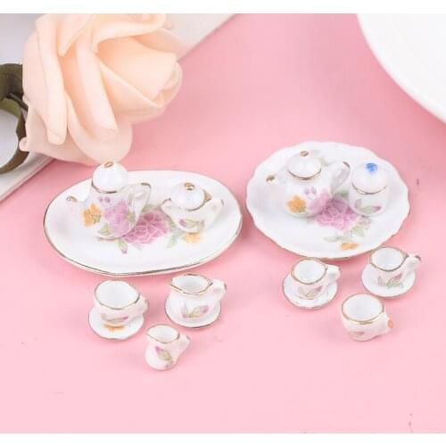 8PCS Miniature Dollhouse Pink Flower Patten Porcelain Coffee Tea Cups Ceram Tableware Doll House Kitchen Accessories