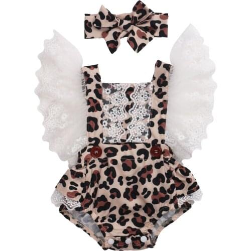 Newborn Baby Girl Bodysuit + hairband, Lace Decoration Leopard Print Button Summer Clothing Kids Short Sleeve One-piece Playsuit