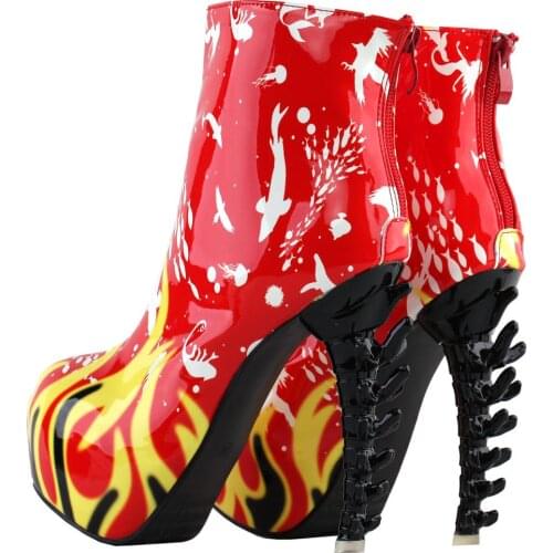 LF80684 Punk Rockabilly Red Flame Animal-Print High-top Bone High Heel Platform Ankle Boots