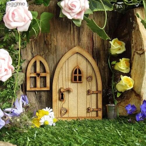 Wooden Fairy Garden Door Mini Gnome Figurine Home Window Wall Decor For Trees Art Garden Decoration Outdoor Sculpture Yard Decor