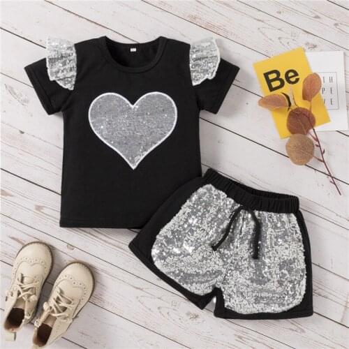 2Pcs Kid Girls T-shirt Shorts Set Sequin Short Sleeve Tops Short Outfit Toddler Girl Clothes 1-6 Years