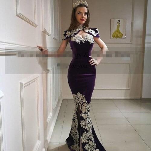 2022 High Neck Mermaid 3 Pieces Evening Dresses with Overskirt Velour Gold Lace Formal Dress prom gowns vestido de noiva Outfit