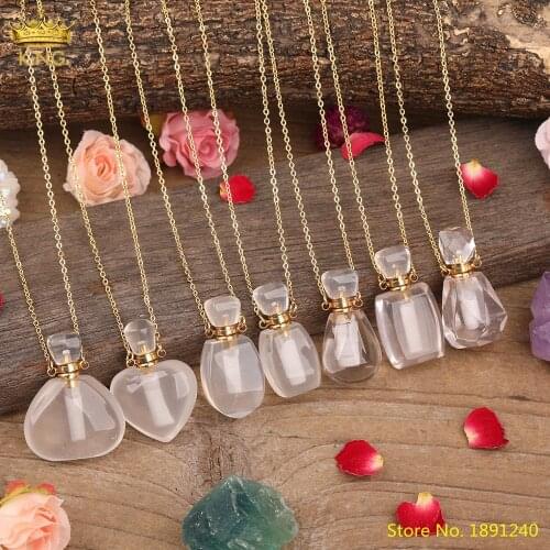Faceted Heart Shape Natural White Quartz Perfume Bottle Gold Pendant Necklace Women Crystal Stone Diffuser Necklace Jewelry