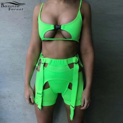 Bonnie Forest Womens Sexy Cut Out Buckle Biker Shorts Set 2 Piece Sexy Bustier Crop Top+High Waist Matching Set Festival Outfits