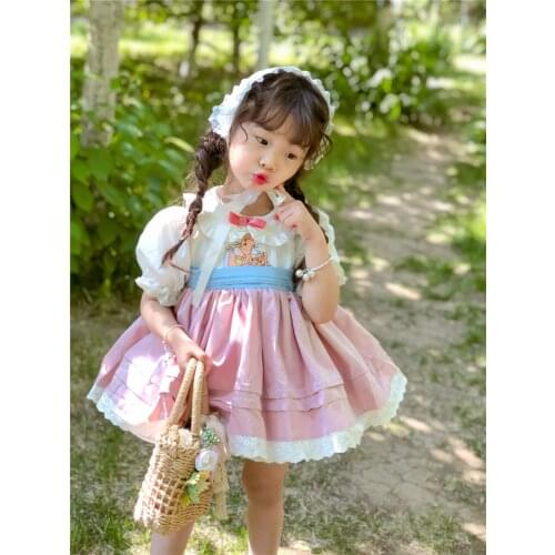 Summer Sweet Vintage Pink Rabbit Turkey Style Lolita Ball Gown Princess Dress For Baby Girls Shortsleeve Birthday Party 0-12Y