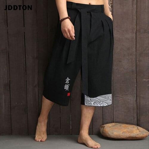 JDDTON Mens Japanese Kimono Traditional Style Summer Casual Wide-Length Pants Print Character Male Yukata Cropped Trouser JE655