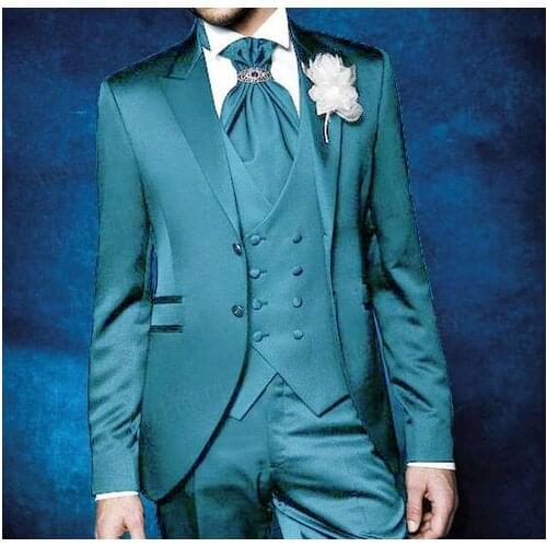 ANNIEBRITNEY Shiny Blue Men Suits Sets 2019 Wedding Prom Formal Groom Tuxedo Tailored Made Slim Fit Blazer Vest Pants 3 Pieces