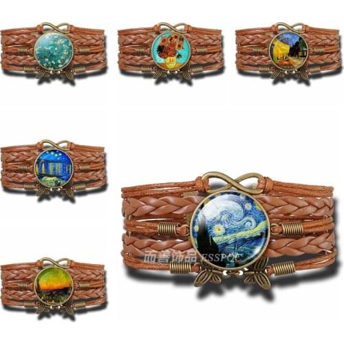 Van Gogh Art Painting Bracelet Starry Night Art Jewelry Brown Leather Bracelet Men Women Fashion Glass Dome Cabochon Chain Gift
