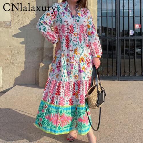 CNlalaxury 2021 Women Vintage Floral Print Shirt Midi Dress Female Chic Long Sleeve Breasted Pleats Kimono Vestidos Robe Femme