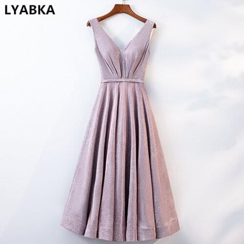 V-Neck Prom Dress Robe De Soiree Sleeveless Pink Prom Dresses Tea-Length 2020 Vestido De Festa Lace-up A-line Evening Gown