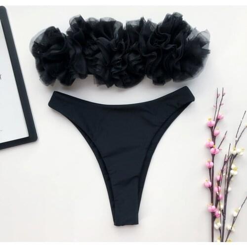 Sexy Lace Bikini Women 2020 Off Shoulder Strapless Solid Black Push Up Swimwear Floral Bathing Suit Brazilian Beach Swimsuit