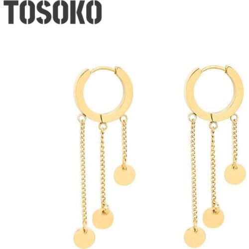 TOSOKO Stainless Steel Jewelry Geometric Disc Chain Tassel Earrings Womens Fashion Autumn And Winter Earrings BSF347