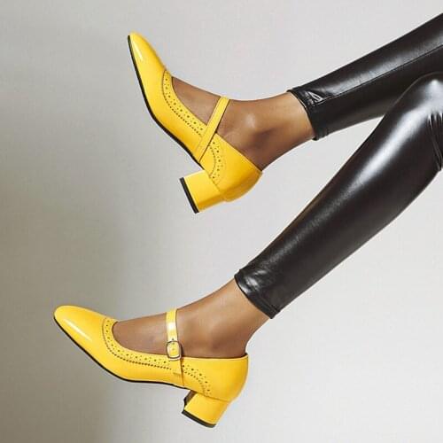 Designer Mary Jane Shoes for Women Medium Heels Woman Pumps Block Heel Shoes 2020 New Fashion Dress Office Ladies Shoes Yellow