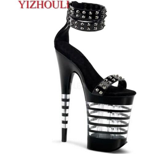 8-inch 20cm, black lacquered chic wedding heels, riveted sandals striped platform shoes