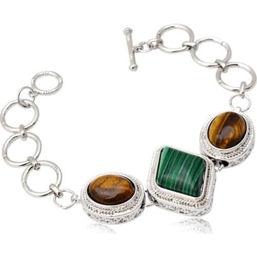 FYJS Unique 10 Pcs Silver Plated Geometric Shape Tiger Eye Stone Link Chain Bracelet Malachite Fashion Jewelry