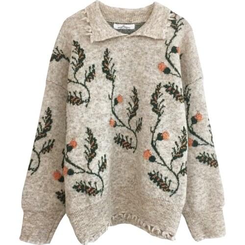 PERHAPS U Black Gray Floral Sweater Turn Down Collar Knitted Pullovers Long Sleeve Loose Autumn Winter Korean Style M0224