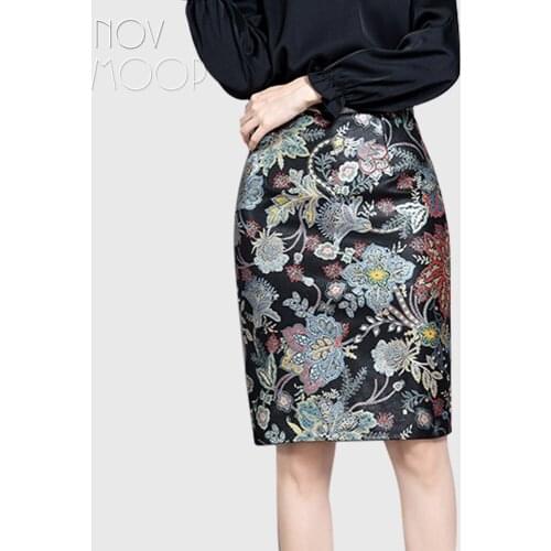 Novmoop French elegant lady floral printed style summer sheepskin genuine leather hip skirt faldas mujer moda 2019 LT2856